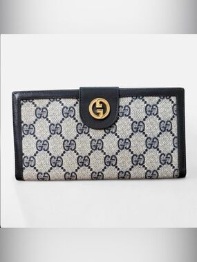 Gucci Beige GG Canvas Continental Wallet with Navy Trim and Gold Hardware